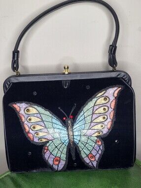 Vintage VTG 1950s Soure Bag New York Velvet Beaded Butterfly Handbag Purse